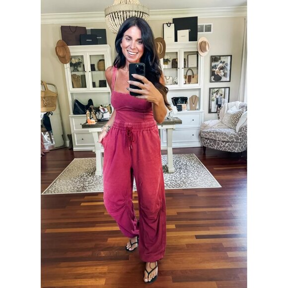 FREE PEOPLE Movement Inbound Onesie Stretch Jumpsuit in Crimson Size Small - Picture 2 of 10